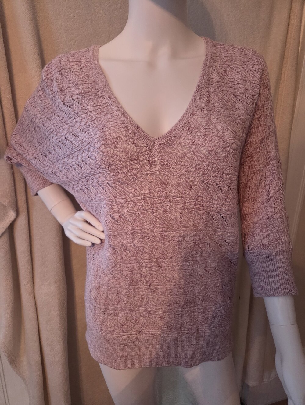 White House Black Market Pink Open-Stitch V-Neck Sweater